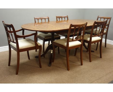 Reproduction mahogany twin pillar dining table (180cm x 91cm, H75cm), and set six (4+2) dining chairs with upholstered drop i