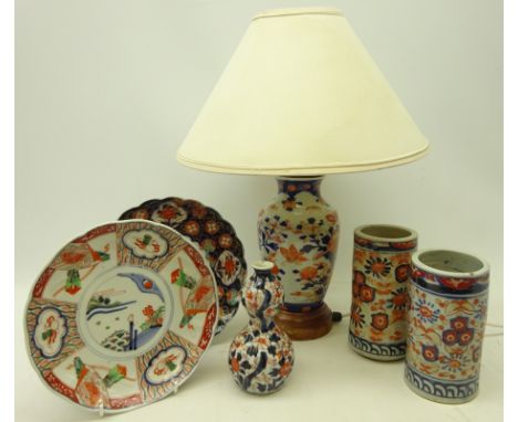 Group of early 20th century Japanese ceramics including a double gourd vase, table lamp and two plates, one having scalloped 