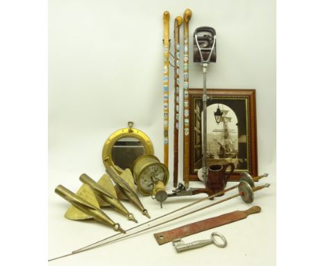 Set Thomas brass ships clock, D18cm walking sticks with badges, shooting stick, ship's log and pullies, brass port hole style