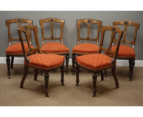 19th century set six pollard oak dining chairs, carved and ebonised detail, turned and fluted supports with ceramic castors, 