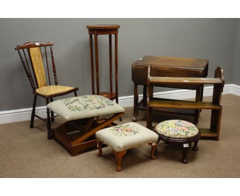 Early 20th century mahogany plant stand, adjustable foot stool, two stools with upholstered needle work seats, three tier wal