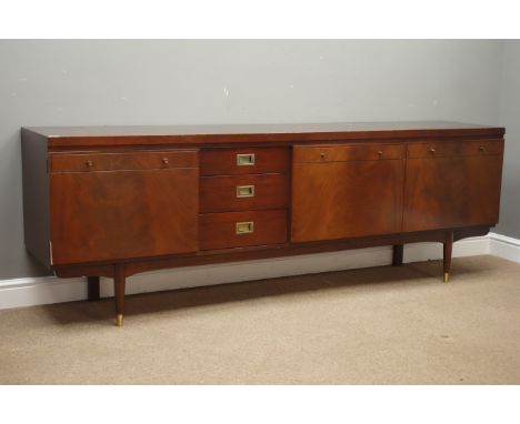 1970s vintage mahogany sideboard, three drawers, two single cupboards and fall front, W220cm, H76cm, D45cm Condition Report C
