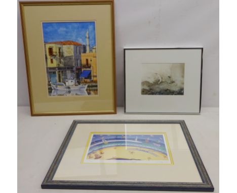 'Gulls and Waves', watercolour signed by Richard Keaton titled verso, Harbour Scene, watercolour signed by Tom Stoker and 'Lo