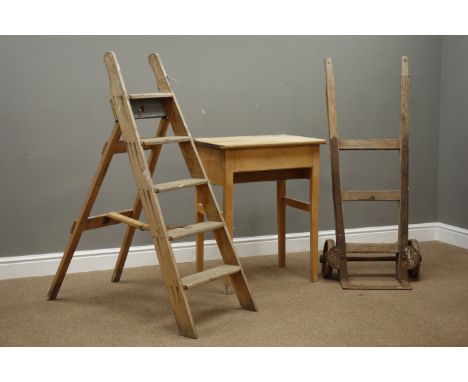 Vintage 20th century wooden and metal sack barrow, vintage step ladders and a mid 20th century school desk Condition Report C