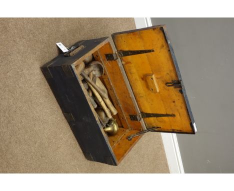 Vintage pine and metal bound tool chest with lead working tools, W62cm Condition Report Click here for further images, condit