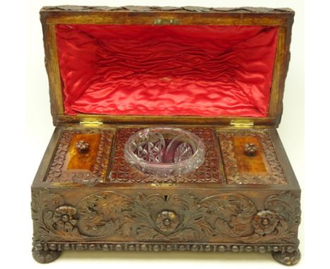 19th century oak tea caddy, later applied with leather work decoration, with two caddies and matched mixing bowl, L39cm  Cond