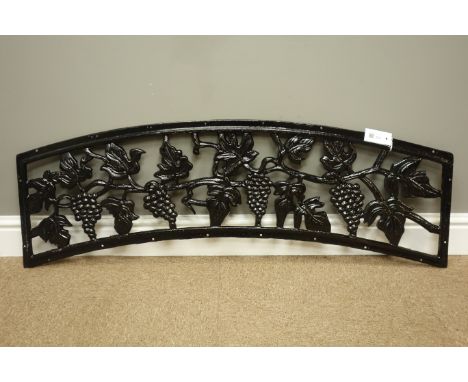 Arched cast iron bench back decorated with grapes and foliage, W116cm, Green painted cast iron child's bench ends, H74cm