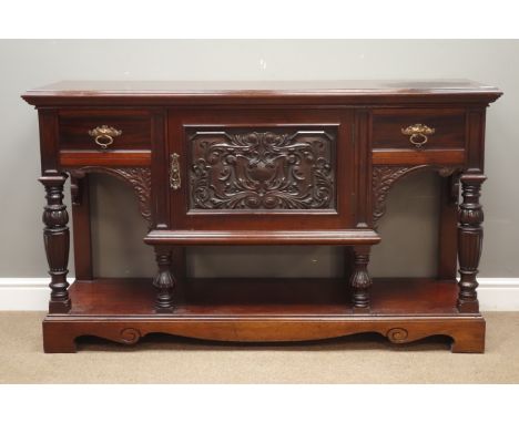 Victorian mahogany sideboard, carved panel door and two drawers on turned supports with platform base and bracket feet, W146c