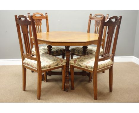 Arts &amp; Crafts period octagonal dining table on four turned pillar supports (D122cm, H73cm), and set four oak dining chair