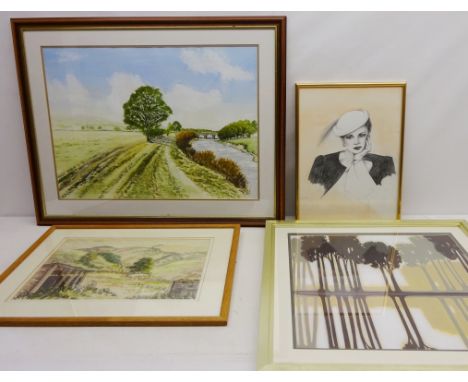 Collection of pictures including 'Sue' - Portrait of a Lady, watercolour signed verso by Olga Gedling, Along a Country Path, 