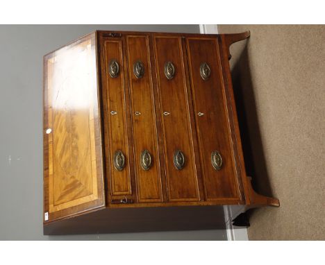 George III mahogany bureau, fall front banded in satinwood with oval figured veneer, fitted interior, four graduating drawers