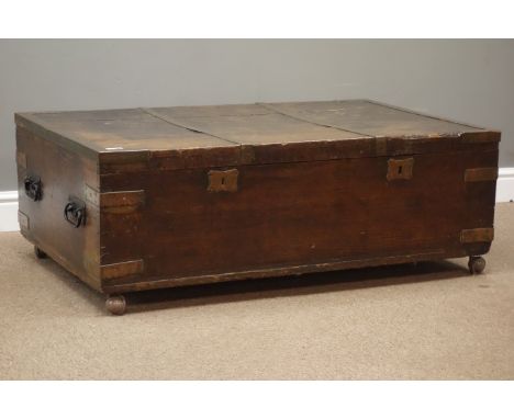 19th century oak and metal bound sea trunk, hinged top with two locks, wrought metal carrying handles, 111cm x 69cm, H40cm Co