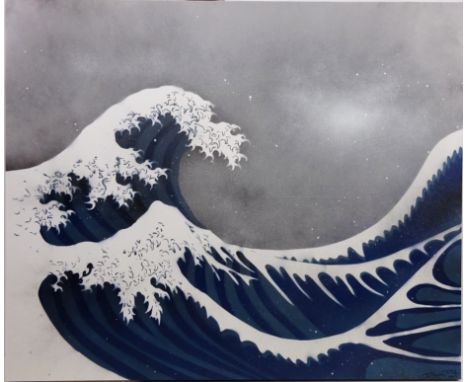 'The Great  Wave', spray canvas after Hokusai indistinctly signed by Damian Perah and dated 2003, 100cm x 121cm and Still Lif