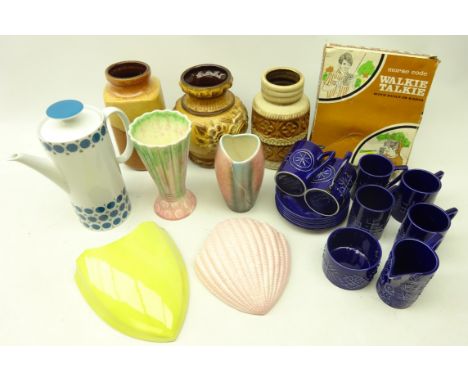 Three west German Pottery vases, two Sylvac wall pockets & two vases, six Portmeirion Totem pattern coffee cans & saucers, mi