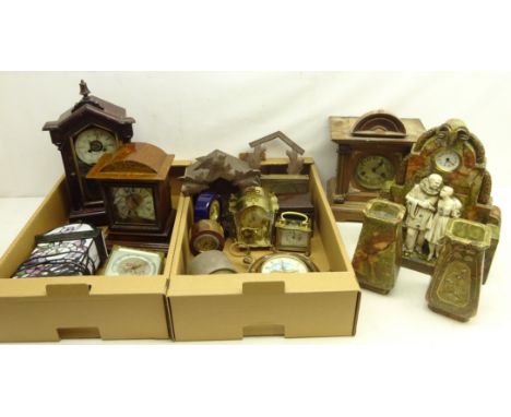 Art Deco plaster mantle clock garniture, German cuckoo clock, carriage clock (a/f), ships wheel type clock and others in two 