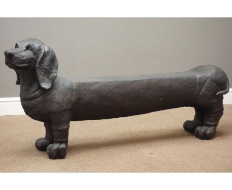 Large Dachshund bronzed composite bench, L154cm