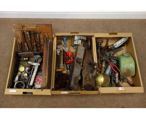 Various vintage tools including; wooden woodworking planes, planes, pliers, gauges, engineering tools, vintage 'Qualcast' fue