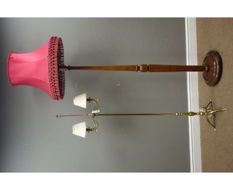 Late 20th century brass two branch lamp (H155cm), and a 20th century walnut standard lamp on turned column (H152cm) Condition