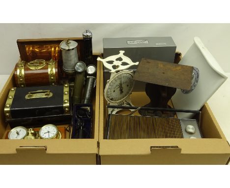 Miners Safety Torch & miners lamp, 19th century tin & brass bound deed box, postal scales, Parnall & Sons Butchers ceramic sc