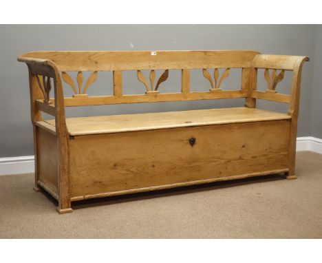 19th century waxed pine bench, scrolled arm supports, hinged seat with storage, W186cm, H88cm, D54cm Condition Report Click h