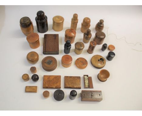 TREEN a mixed lot including a variety of lidded containers from the 19thc and 20thc, some with bottles inside (one by S Maw &