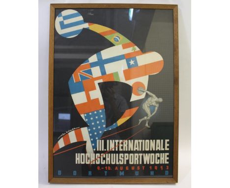 GERMAN SUMMER INTERNATIONAL UNIVERSITY SPORTS WEEK POSTER &amp; MEDALS - DORTMUND 1953 a large framed poster from the event i