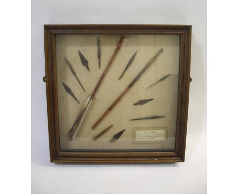 FRAMED ARROW HEADS a cased display with various metal arrow heads and shafts, with an information label inside. The glazed an