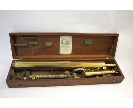 CASED 19THC TELESCOPE - R NEILL, BELFAST a large brass telescope with various attachments and lenses etc, and with a tripod s