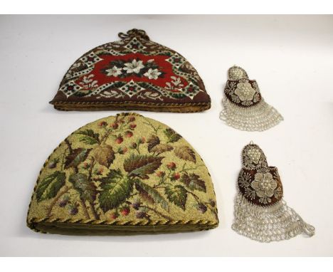 TWO BEADWORK TEAPOT COVERS  two large beadwork teapot covers or cosies, also with a pair of beadwork watch pockets. (4)