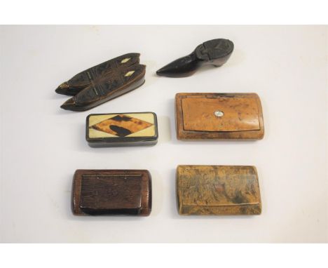 TREEN SNUFF BOXES including a carved snuff box in the form of two shoes's, with a hinged lid and bone inlay (9.5cms long). Al