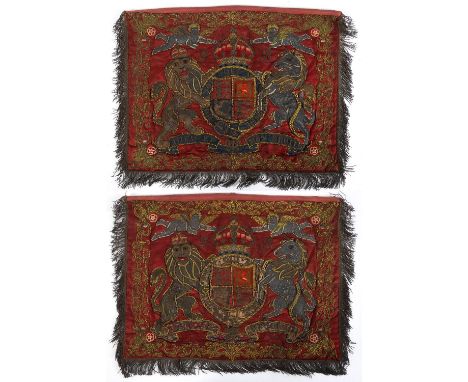 PAIR OF GEORGE III EMBROIDERED HERALDIC BANNERS the pair of banners showing a metallic couched embroidered lion and unicorn w