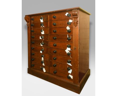 VICTORIAN COLLECTORS CABINET - GEOLOGICAL SPECIMENS &amp; FOSSILS a large 18 drawer collectors cabinet with turned wooden han