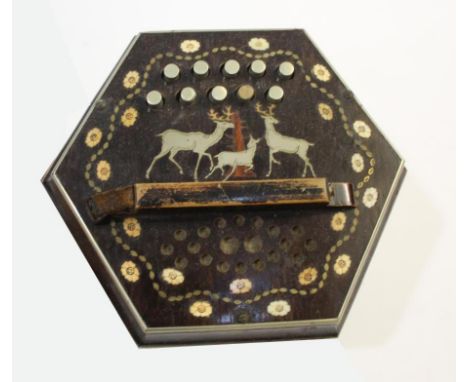 INLAID ANTIQUE CONCERTINA possibly German, the 21 button concertina with rosewood ends and inlaid with Stag's and various bon
