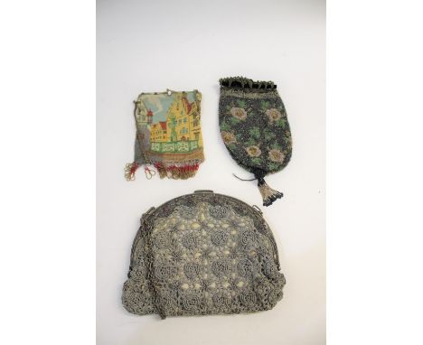 19THC BEADWORK PURSE with black velvet draw string, also with an unusual beadwork purse with a design of possibly Dutch gable
