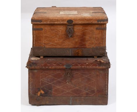 LEATHER &amp; IRON BOUND YAKDAN OR CAMEL TRUNK - ZABTA KHAN the trunk with a material lining and label for Zabta Khan, Yakdan