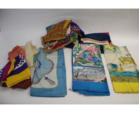 SILK SHAWL &amp; VINTAGE SCARVES including a blue silk shawl and a quantity of vintage scarves including two Hermes examples,