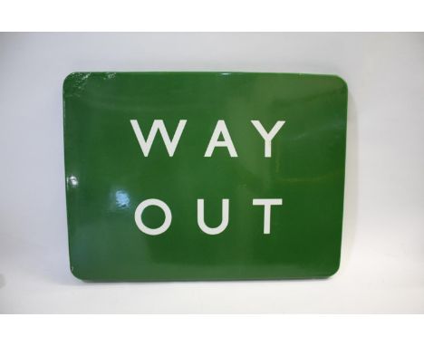 SOUTHERN RAILWAY ENAMEL SIGN a Way Out sign in white lettering on a green ground, with holes around the outside for hanging. 