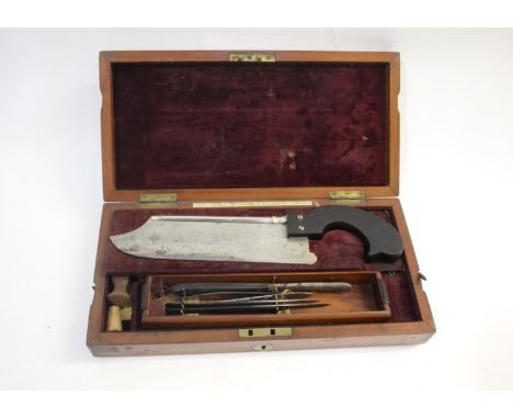 19THC SURGEONS SET - EVANS &amp; WORMULL the mahogany case with a metal plaque A M D Post Mortem Instruments, with a variety 