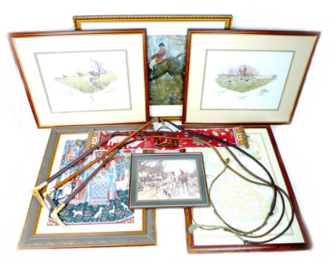 A group of sporting themed items, comprising a Scott's safety side-saddle stirrup, size 3, three hunting whips, including two