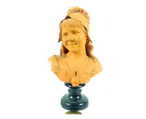 Dominique Van Den Bossche (Belgian, 1854-1906): 'Jeanne Qui Rit', a terracotta sculpture head and shoulders bust, modelled as