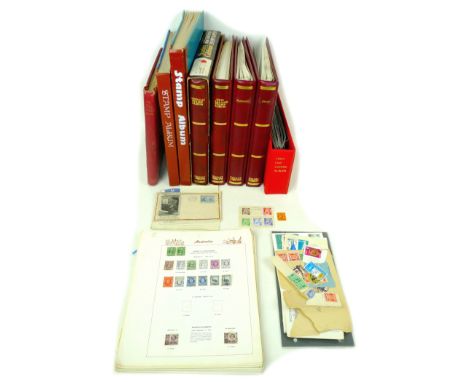 Eight stamp albums containing stamps of the British Commonwealth, including Stanley Gibbons One Country Albums of Jersey, Gue