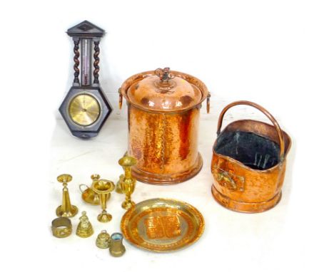 A collection of copper and brass items, including a coal scuttle, 35 by 32 by 40cm high a helmet shaped coal bucket, dish, va