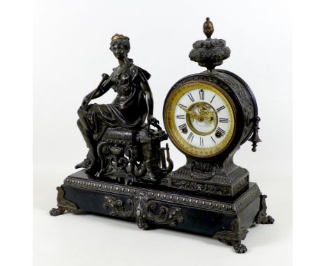 A late 19th century Ansonia Clock Co. figural mantel clock, 'Opera' model, the two-piece white porcelain dial with open escap