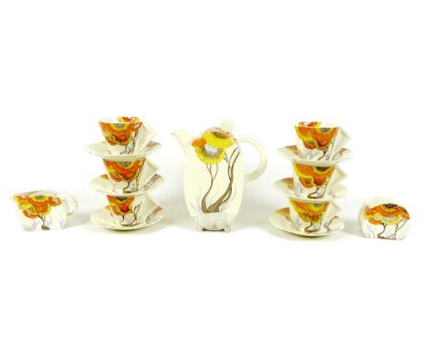 A Clarice Cliff coffee service, Bonjour shape, decorated in the Rhodanthe pattern, comprising coffee pot, 19cm high, milk jug