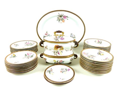 A late Victorian Royal Worcester part dinner service, hand painted decoration depicting sprays of flowers, gilt check rims, c