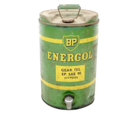 A vintage 'BP Energol Gear Oil' metal can, 'EP. SAE 90 (Hypoid)', with single handle to its top and tap at front, 28 by 28 by