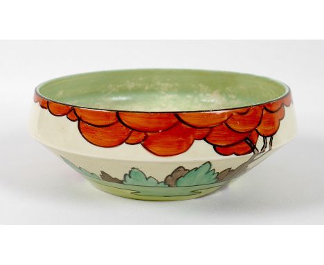 A Clarice Cliff float bowl, circa 1937, decorated in the Limberlost pattern, externally with trees and flowers, internally wi