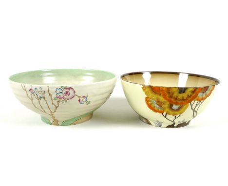 A Clarice Cliff Rhodanthe bowl, with green backstamp for Royal Staffordshire Pottery, A. J. Wilkinson Ltd, Honeyglaze, with g
