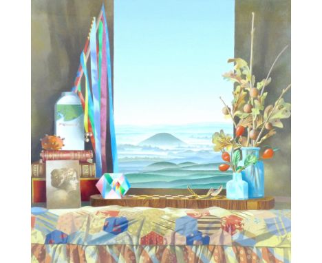 Graham Arnold (British, 1932-2019): 'The Quiet Gathering', a trompe l'oeil, depicting a landscape viewed through a window, wi
