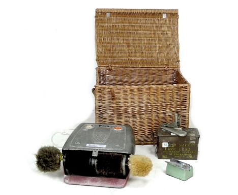 A collection of vintage items, comprising a large wicker hamper,  72 by 55 by 51cm high a shoe shine machine, 73 by 51 by 28c